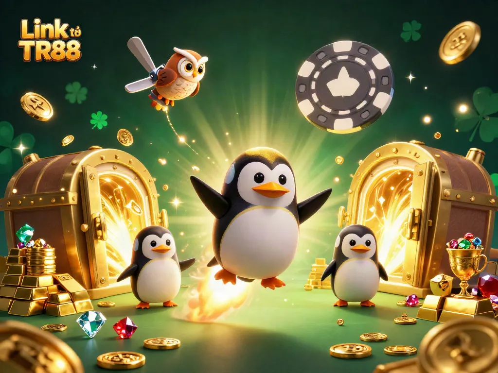 Experience thrilling adventures with Link từ TR88 as the golden penguin travels to a vibrant casino realm.