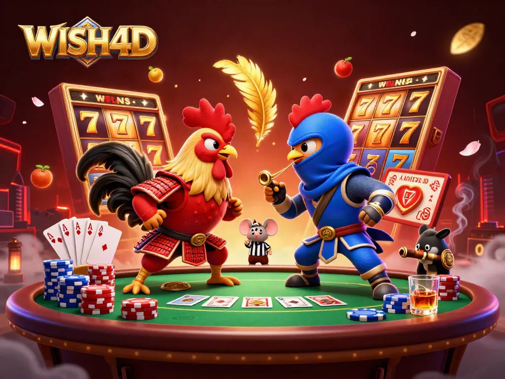 WISH4D showcases twin cartoon fighting roosters and vibrant slot game elements in an energetic standoff.