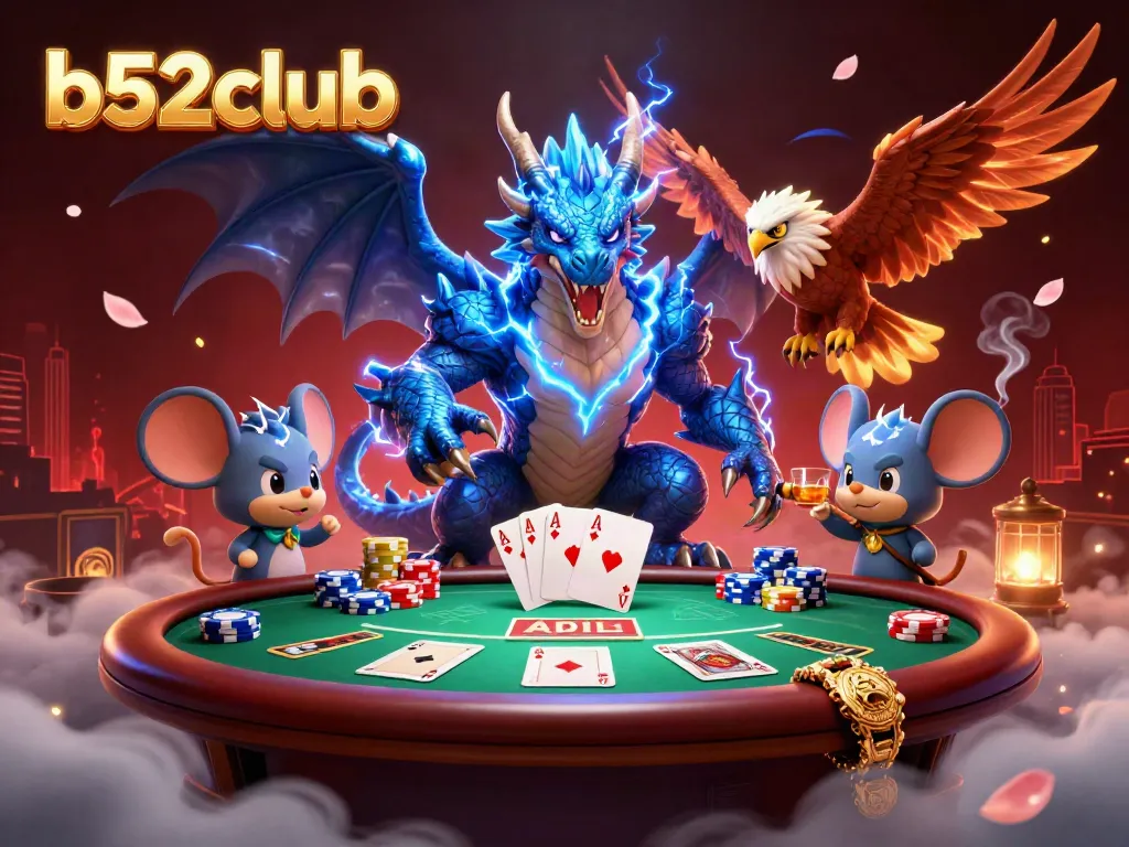 Experience thrilling poker nights with b52club's vibrant gaming characters and rich casino elements.