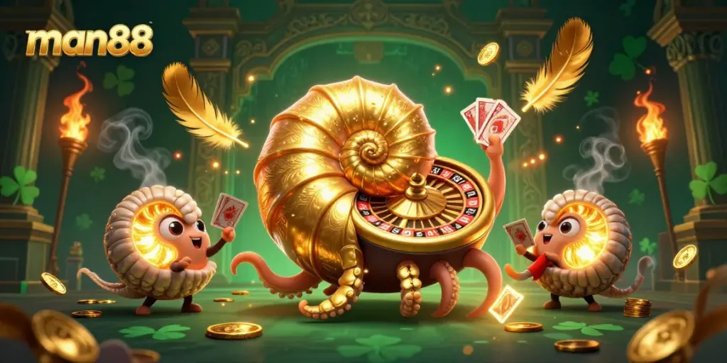 Experience thrilling wins at man88 with this vibrant 3D casino scene showcasing a giant nautilus roulette wheel.