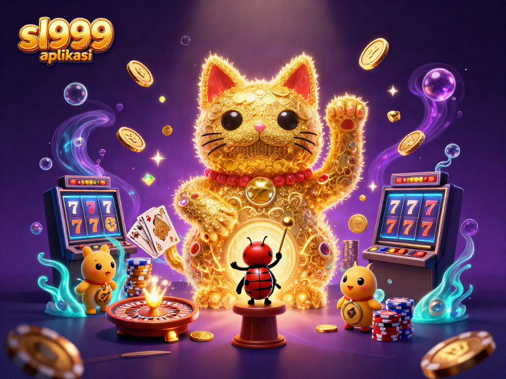 Experience thrilling gaming with sl999 aplikasi featuring a lucky cat and casino symbols.
