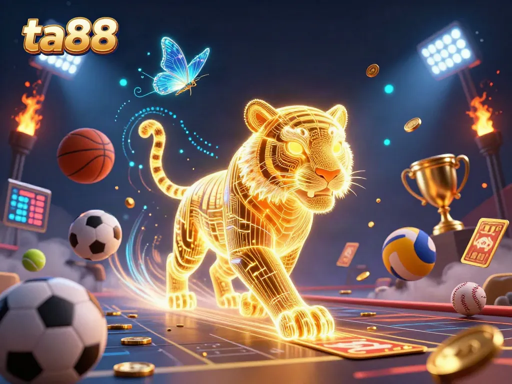 Experience exciting gaming moments at ta88 with a vibrant digital casino scene featuring a golden tiger.