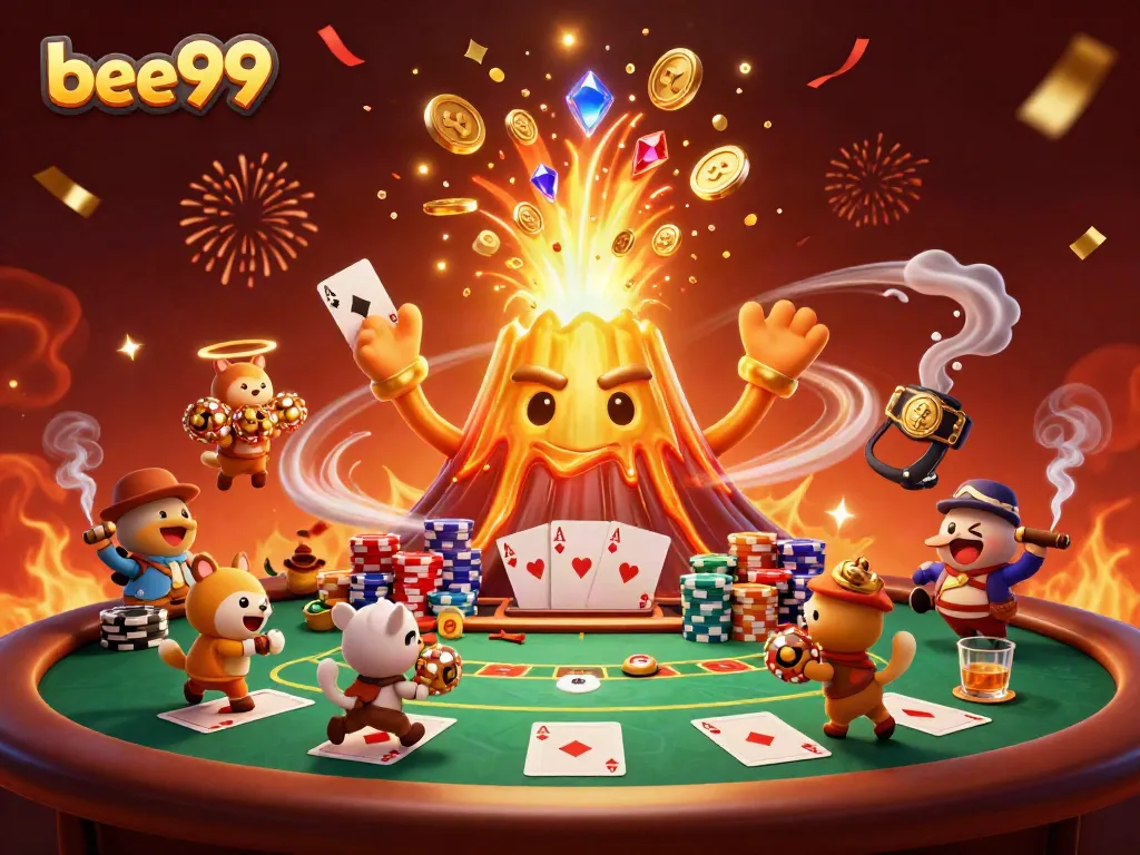 Engage in the thrilling world of bee999 as treasure erupts from a golden volcano in this vibrant casino scene.