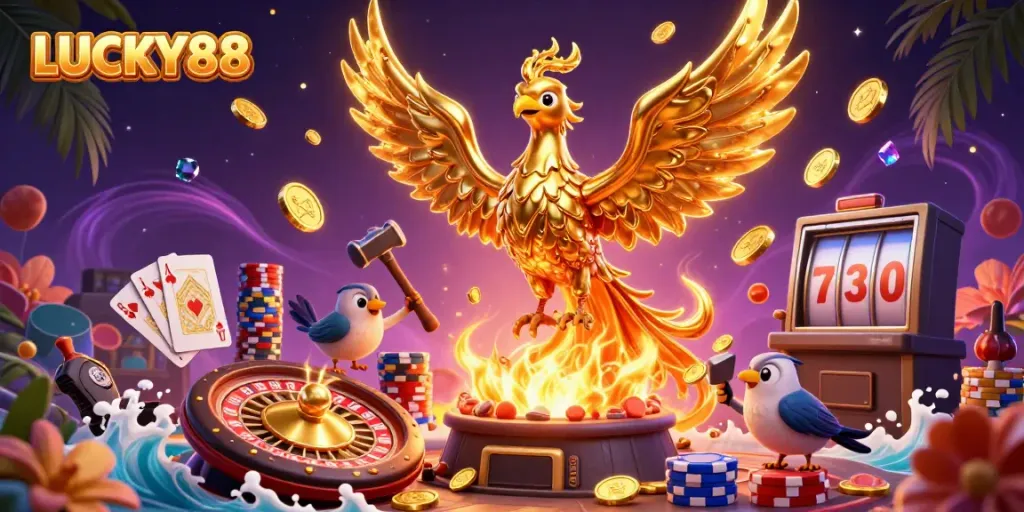 LUCKY88 interactive scene showcasing a molten golden phoenix, immersive casino elements, and vibrant colors.