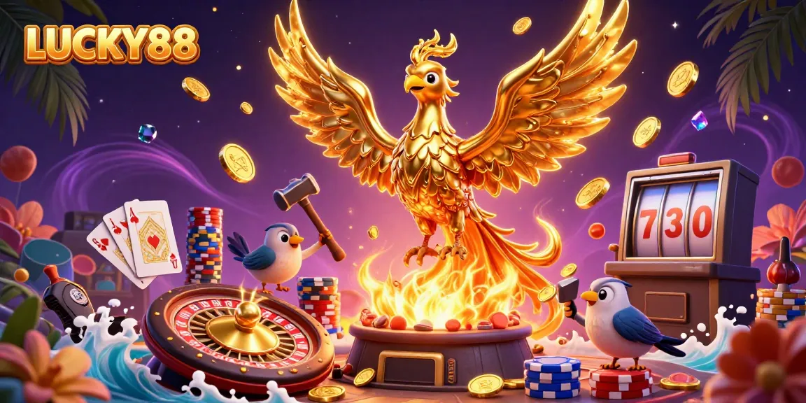 LUCKY88 interactive scene showcasing a molten golden phoenix, immersive casino elements, and vibrant colors.