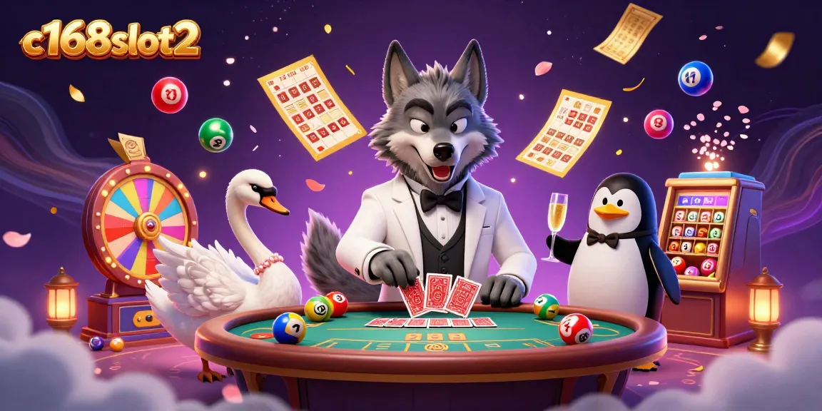 Experience exciting games at c168slot2 with a wolf and swan in a lavish casino atmosphere.