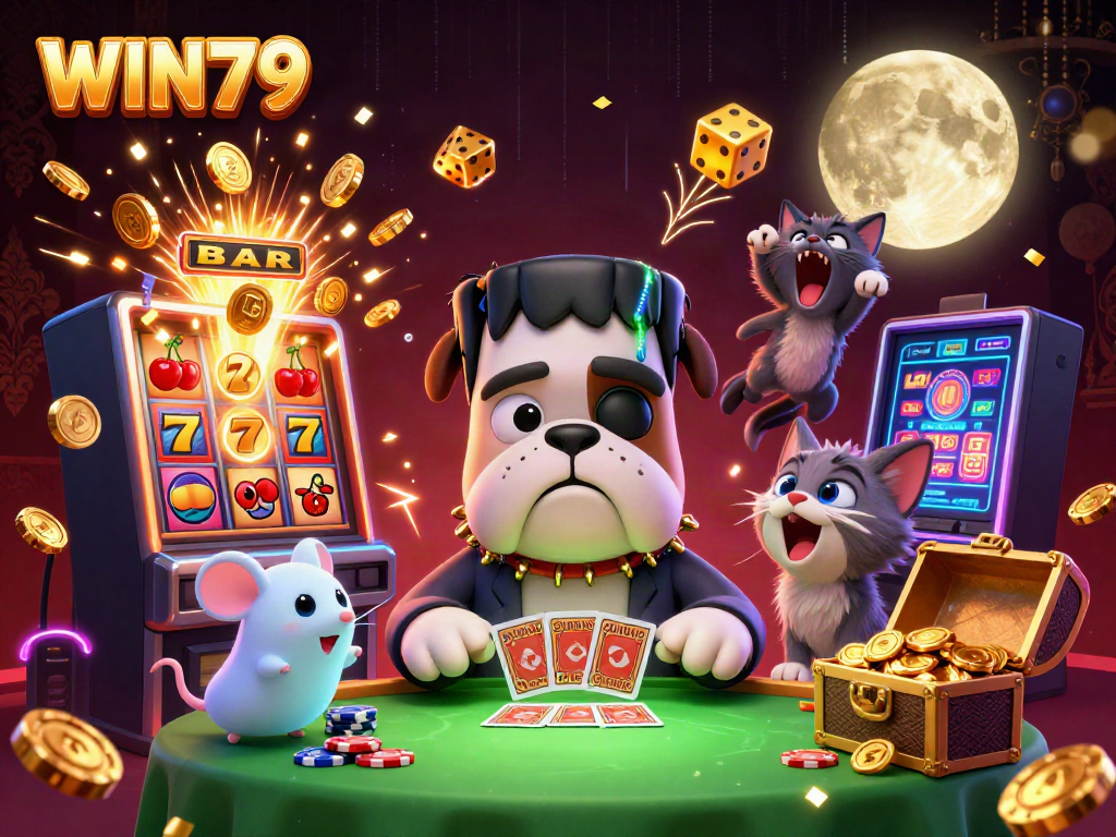 Experience thrilling gaming action with WIN79 at a vibrant casino table scene featuring unique characters.