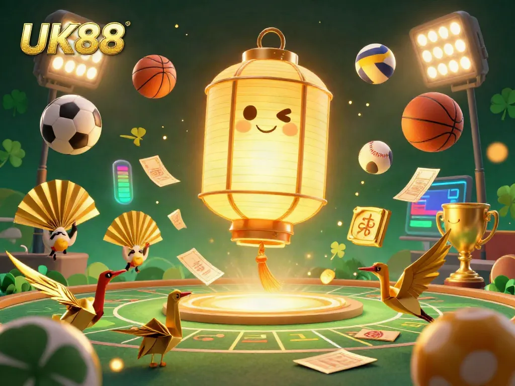 Experience UK88 with a dynamic casino scene featuring sports betting elements and golden lantern spirit.