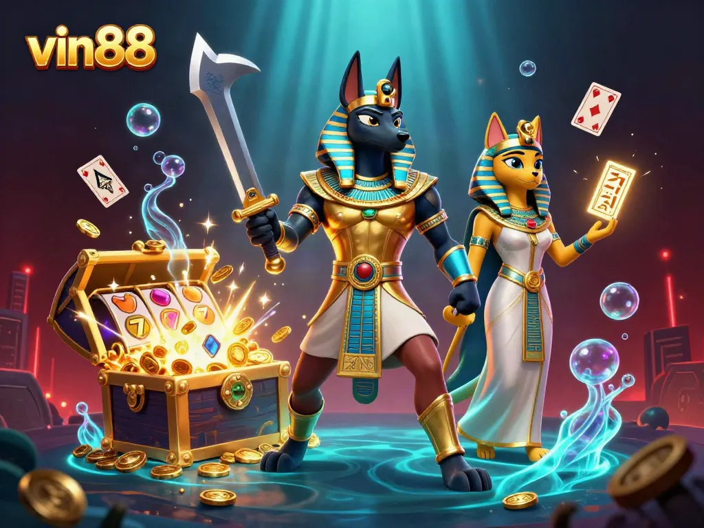 Experience vin88's exciting casino action with Anubis and Bastet in a dynamic 3D illustration.