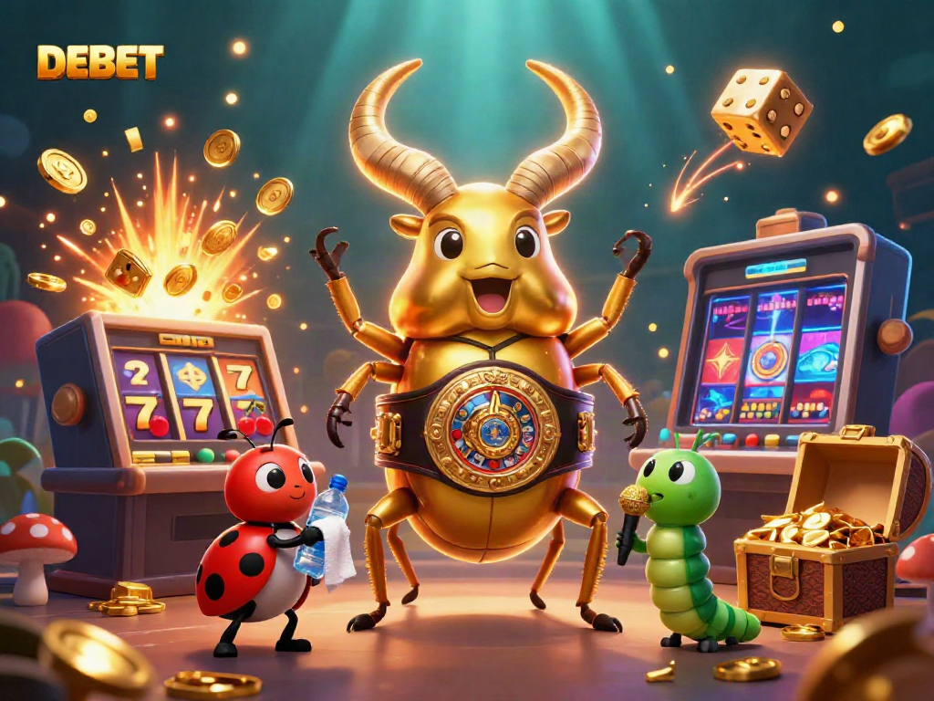 Experience the excitement of DEBET gaming with a vibrant 3D illustration of a beetle champion amid treasure and casino symbols.