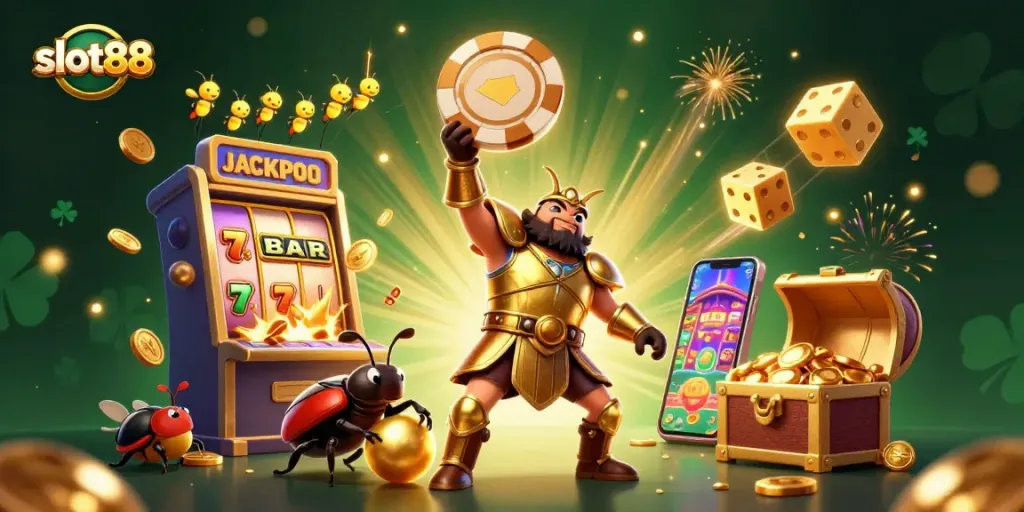 Celebrate your slot88 wins with a dynamic scene featuring beetles and casino elements.
