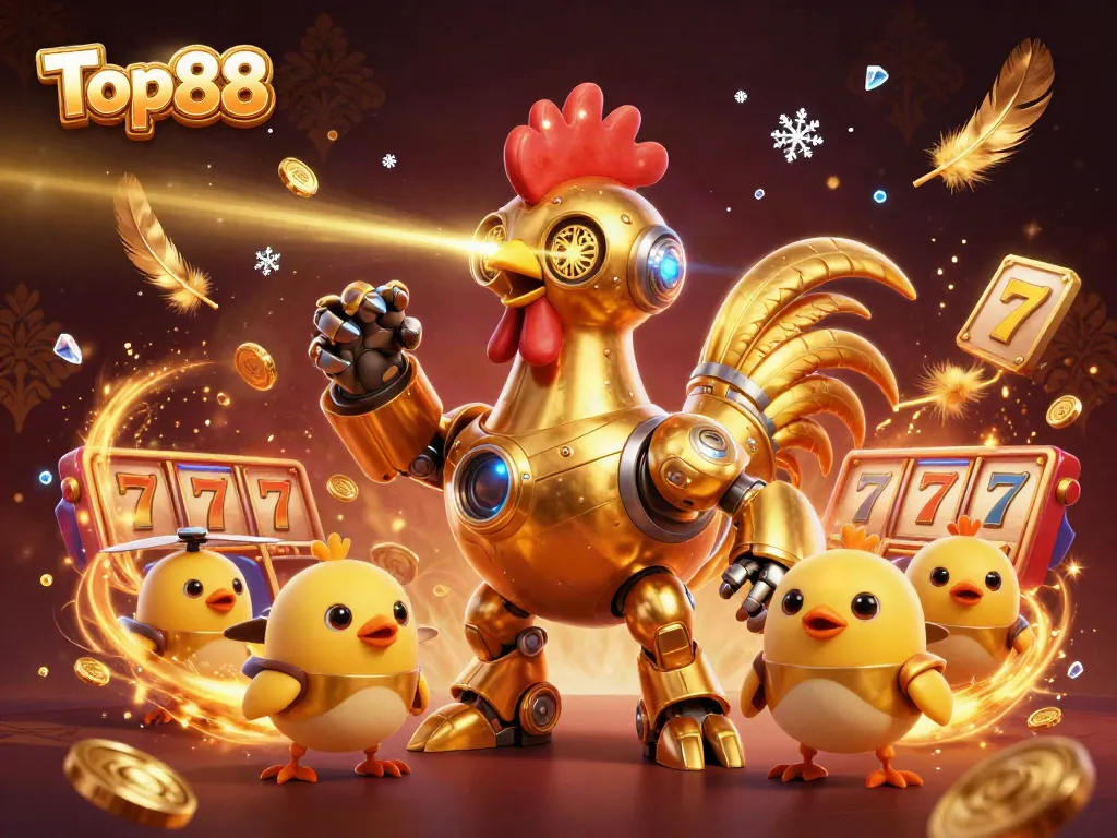 Experience winning thrills with Top88, featuring a vibrant 3D casino scene of a golden rooster robot and baby chick drones.