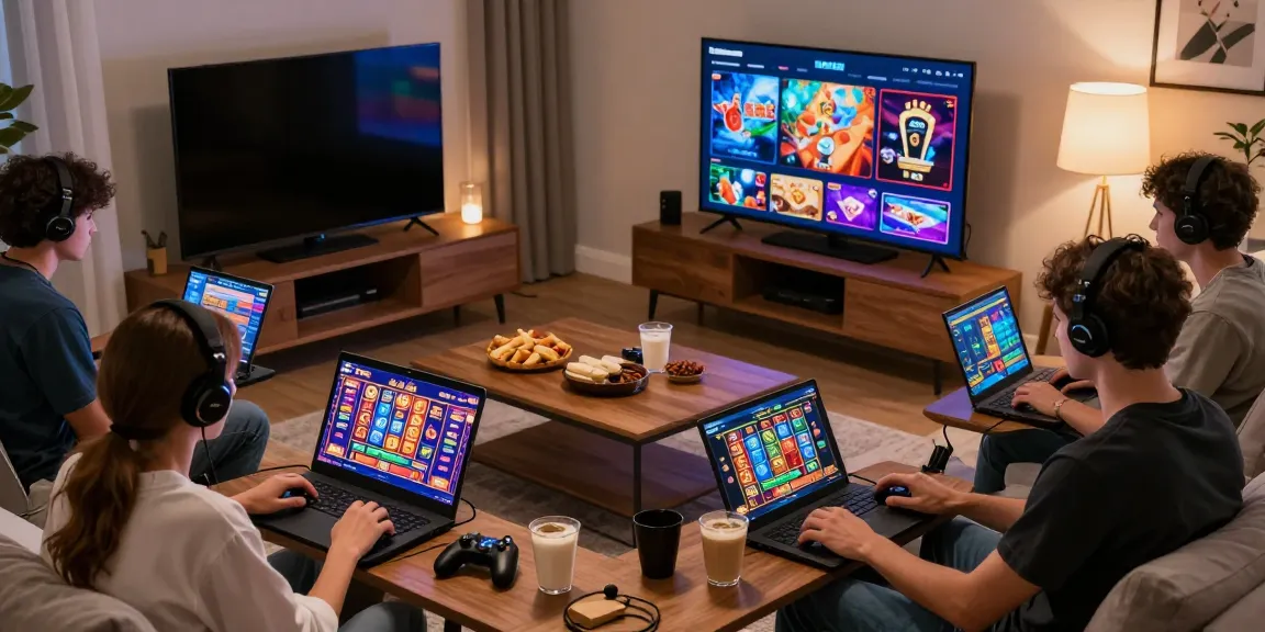 Group of players enjoying Situs gacor games on mobile devices in a cozy gaming setup with vibrant graphics.