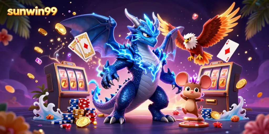 Win big with sunwin99 in a thrilling cartoon casino scene filled with exciting game elements.