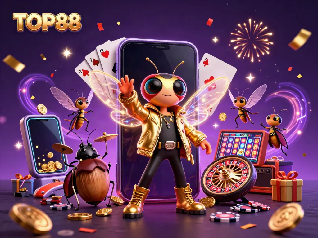 Experience the celebration of TOP88 casino games with vibrant characters and dynamic gaming elements.