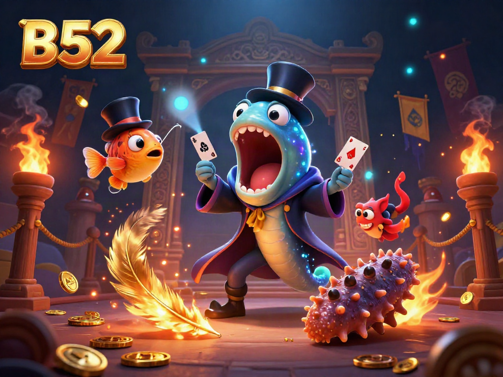 B52 casino scene with bioluminescent eel magician, anglerfish spotlighting, and sea cucumber performer.