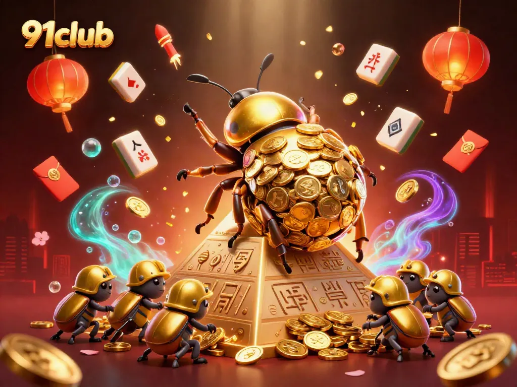 Engage with 91club's vibrant casino environment featuring golden beetles and dynamic gaming elements.