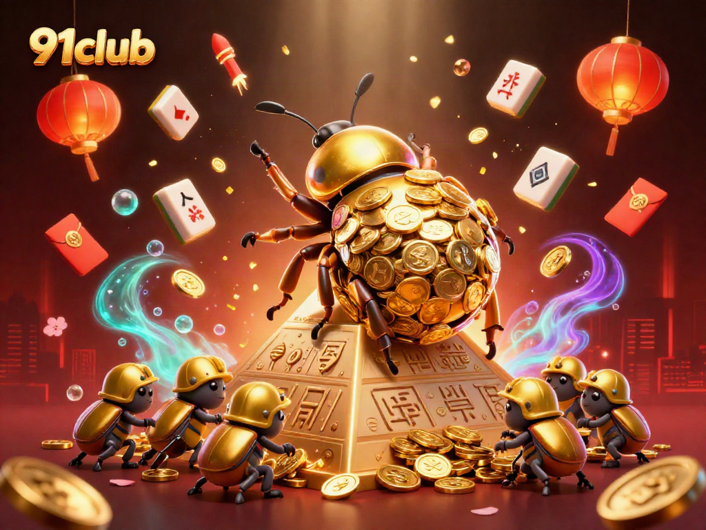 Engage with 91club's vibrant casino environment featuring golden beetles and dynamic gaming elements.