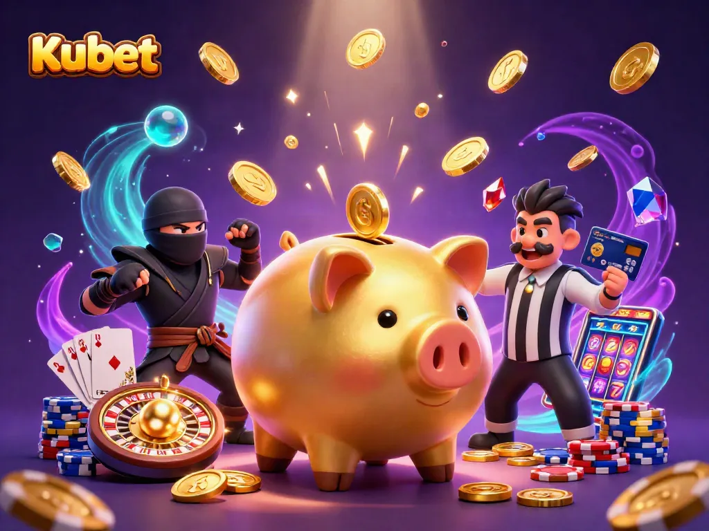 Kubet captivates with a lively casino scene featuring a golden piggy bank sumo wrestler, colorful poker chips, and flying coins.