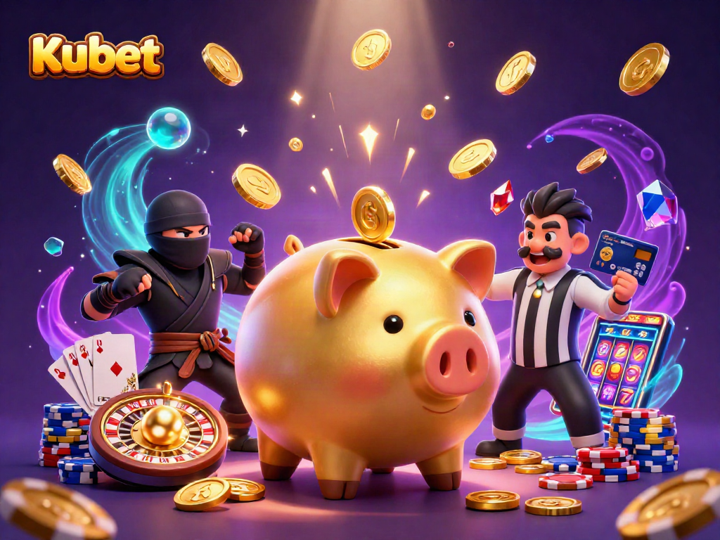 Kubet captivates with a lively casino scene featuring a golden piggy bank sumo wrestler, colorful poker chips, and flying coins.