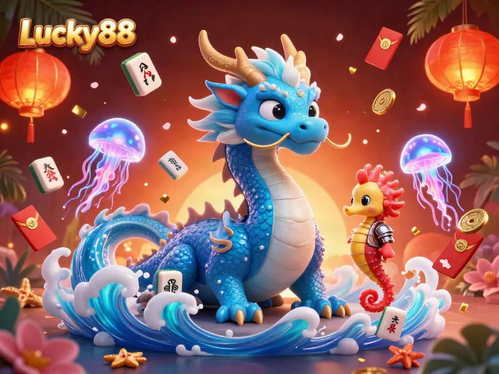 Join the fun at Lucky88, where a majestic dragon, seahorse, and jellyfish celebrate casino wins.
