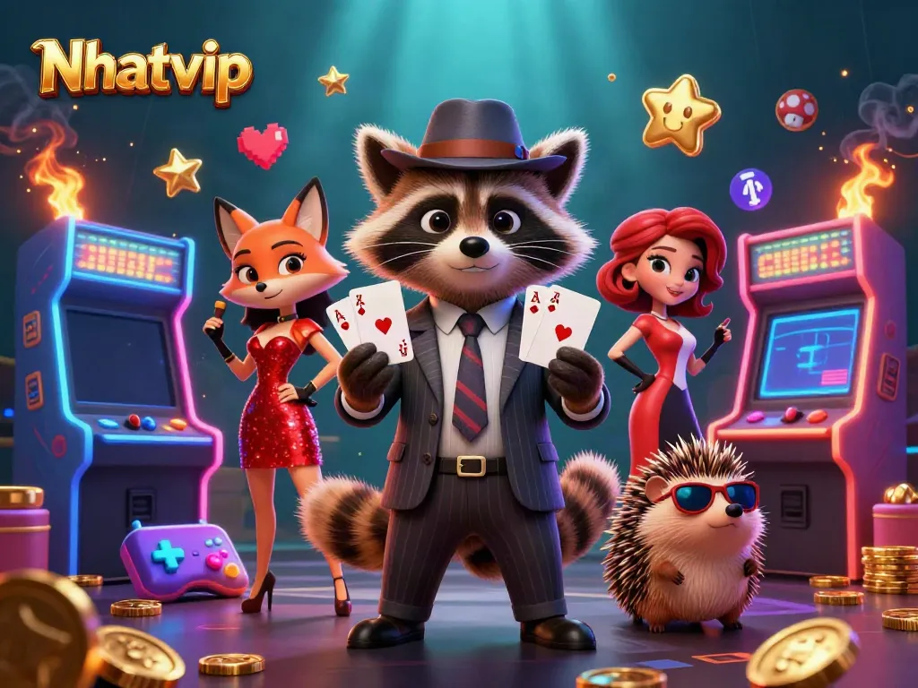 Nhatvip showcases a raccoon in a suit, poker hand, and neon arcade elements in a vibrant casino scene.