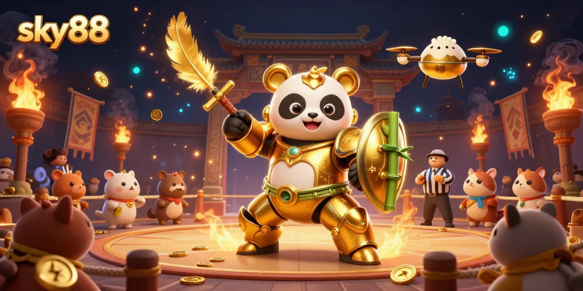 Sky88 golden panda in a dynamic casino scene with vibrant colors and thrilling wager elements.