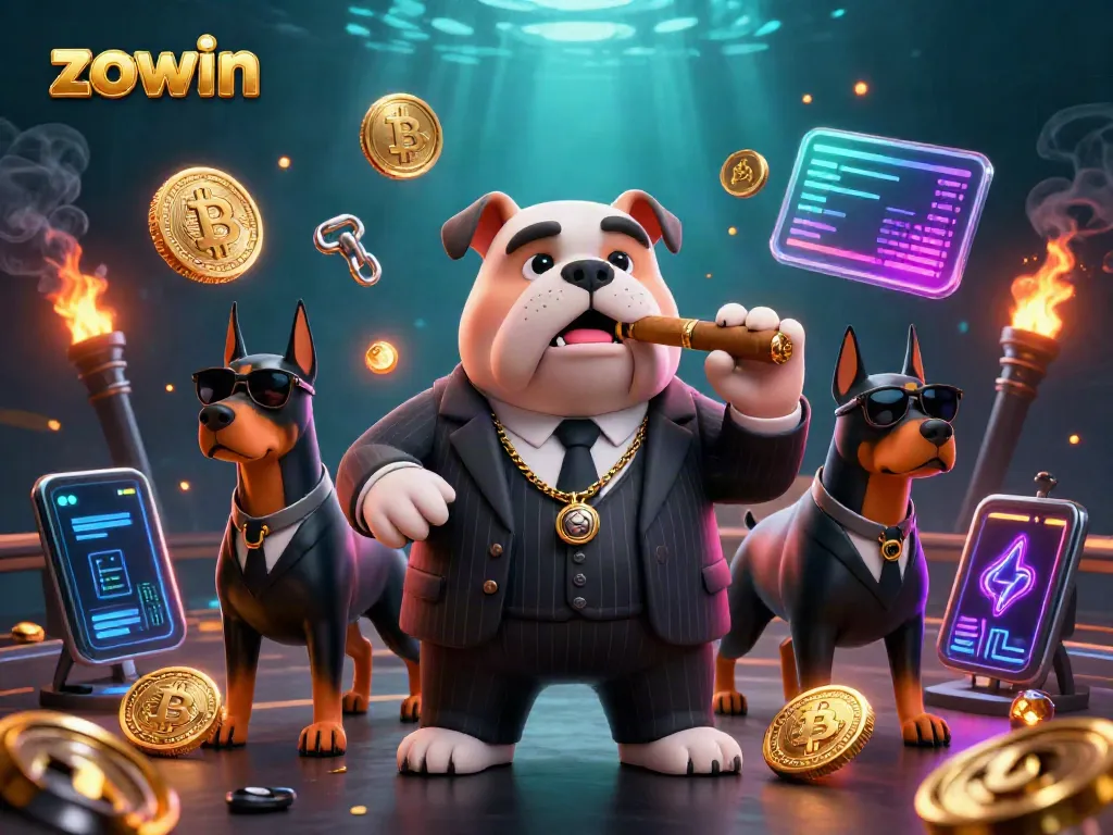 Experience thrilling gaming adventures at zowin with a 3D cartoon mafia dog and bodyguards, surrounded by crypto coins.