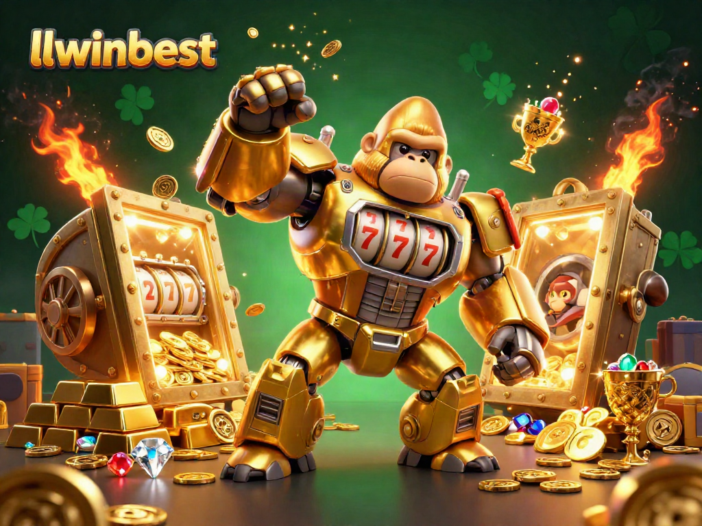 llwinbest showcases a thrilling 3D scene of golden gorilla mech celebrating with casino treasures and sparkling gems.
