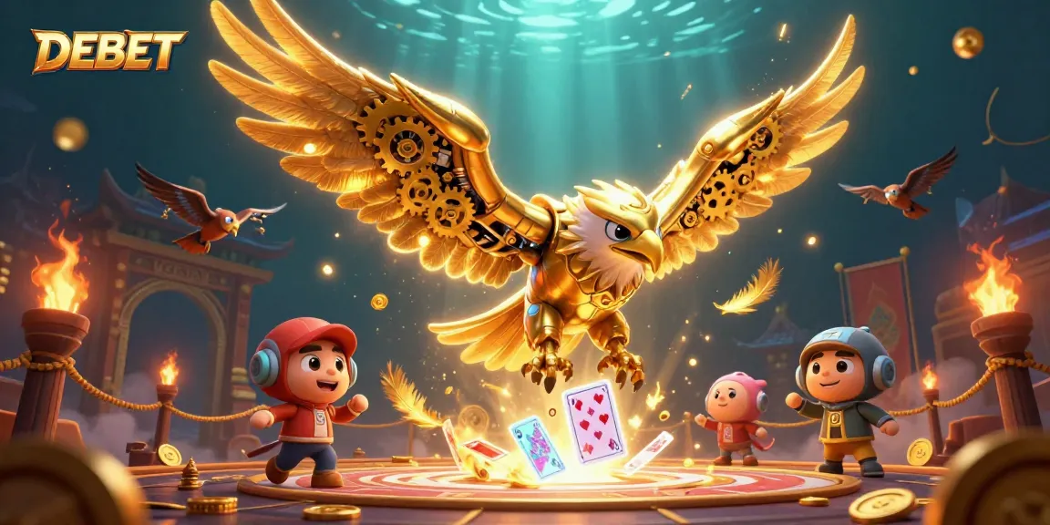 Engage with DEBET's vibrant casino world featuring a cybernetic eagle diving through cards.