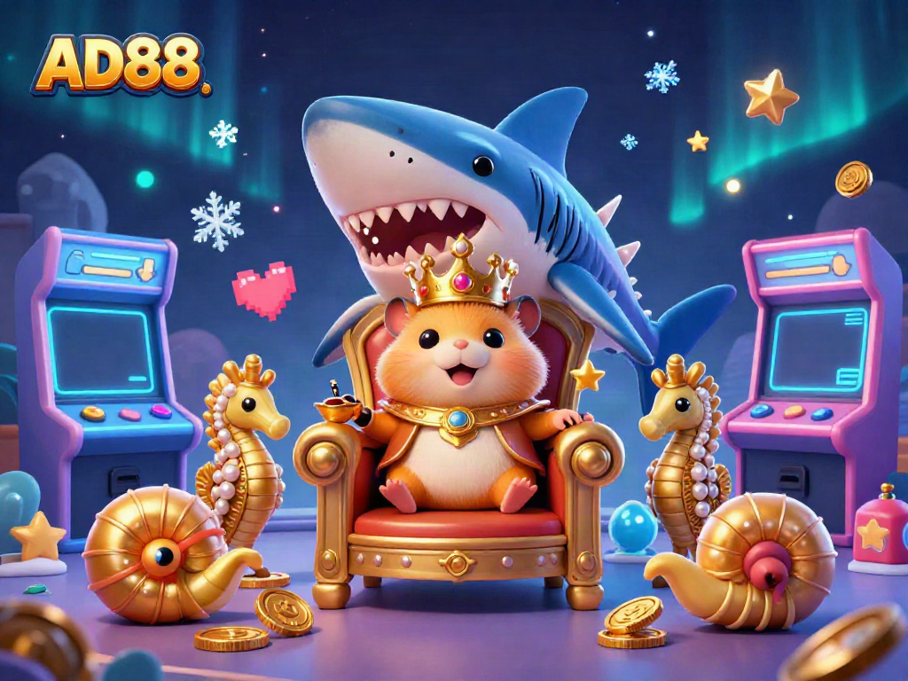 Experience thrilling gameplay in AD88 with vibrant 3D casino elements surrounding a golden hamster king.