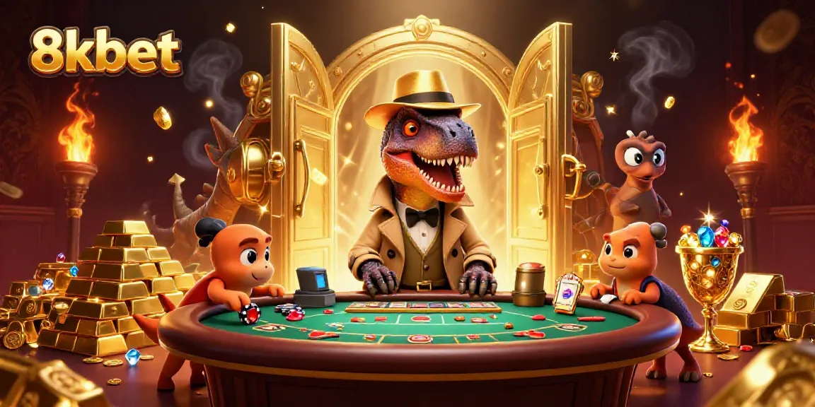 Experience exciting casino action with 8xbet as the cartoon velociraptor counts cards under the watchful eye of a stegosaurus.