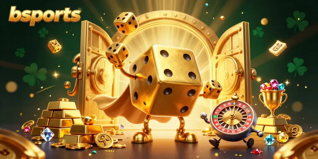 Engage with the vibrant 3D scene of bsports featuring golden dice golem, treasure vault, and dynamic elements.