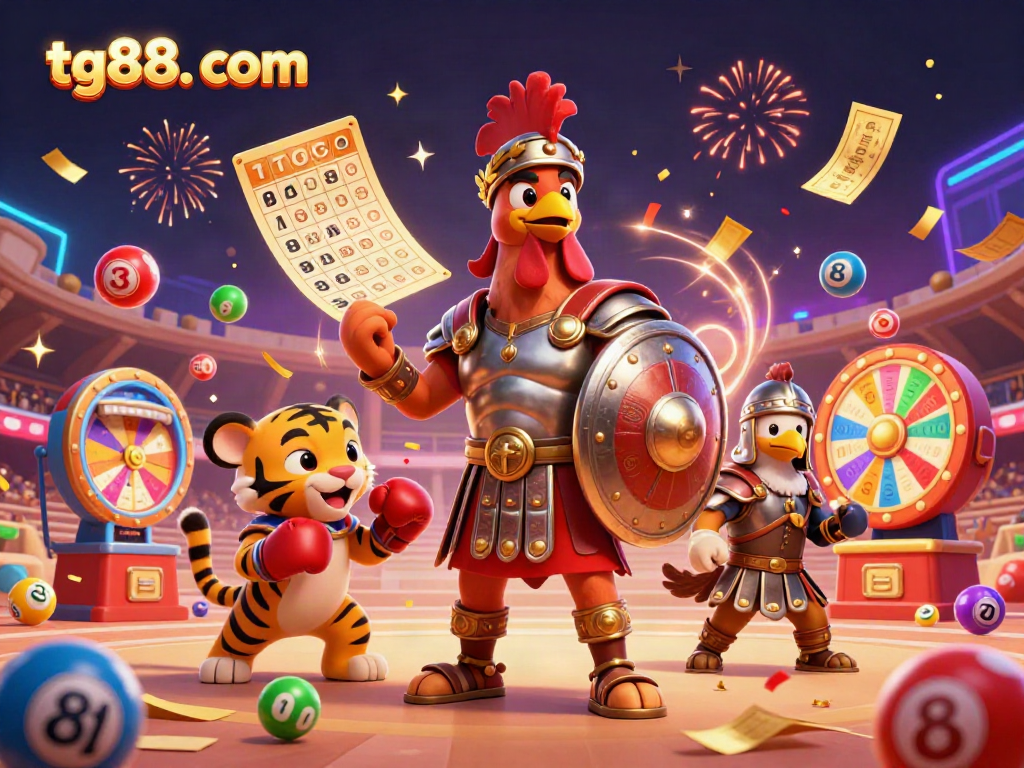 Experience the excitement of tg88. com with vibrant lottery balls and lively casino elements in a 3D illustration.