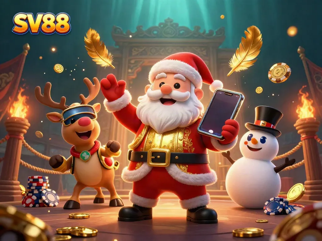 Experience excitement at SV88 with cartoon Santa, his reindeer, and a snowman amidst vibrant casino elements.