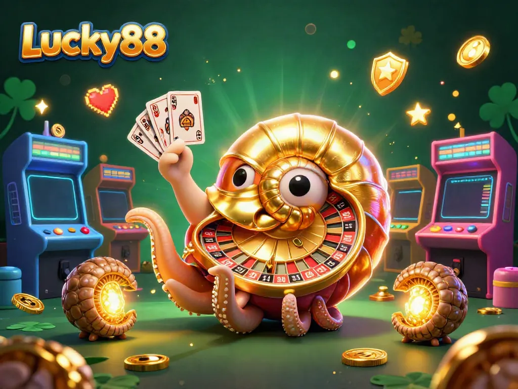 Experience the excitement of Lucky88 as a giant nautilus with a roulette wheel shell showcases cards in this vibrant casino scene.