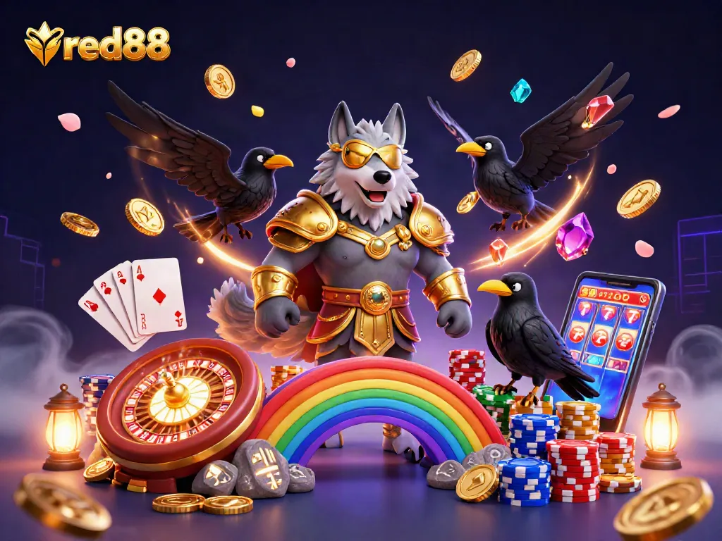 Engage in thrilling gameplay at red88, showcasing a vibrant 3D casino atmosphere filled with coins and gaming elements.
