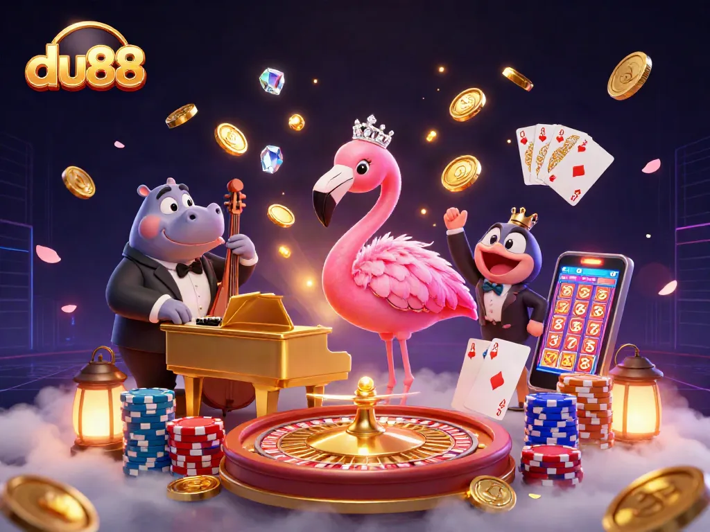 Experience du88’s vibrant casino atmosphere with a lively flamingo singer and hippo bassist in this dynamic scene.