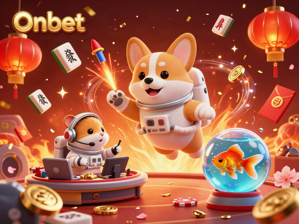 Experience Onbet's vibrant casino scene with floating characters and festive elements amidst celebratory fireworks.