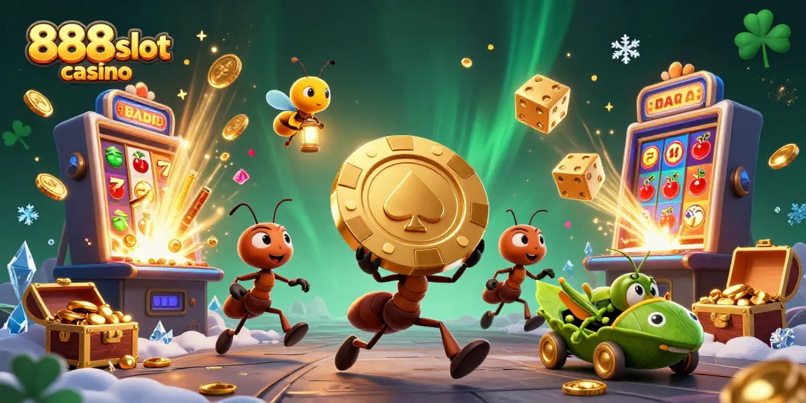 Engaging 3D scene of 888slot casino heist with ants, lively games, and jackpot excitement