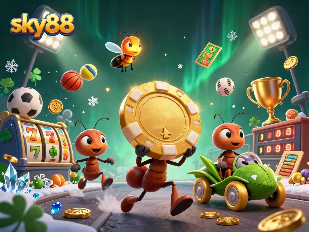 Engage with sky88's exciting slot games featuring a team of cartoon ants on a playful heist amidst vibrant casino elements.