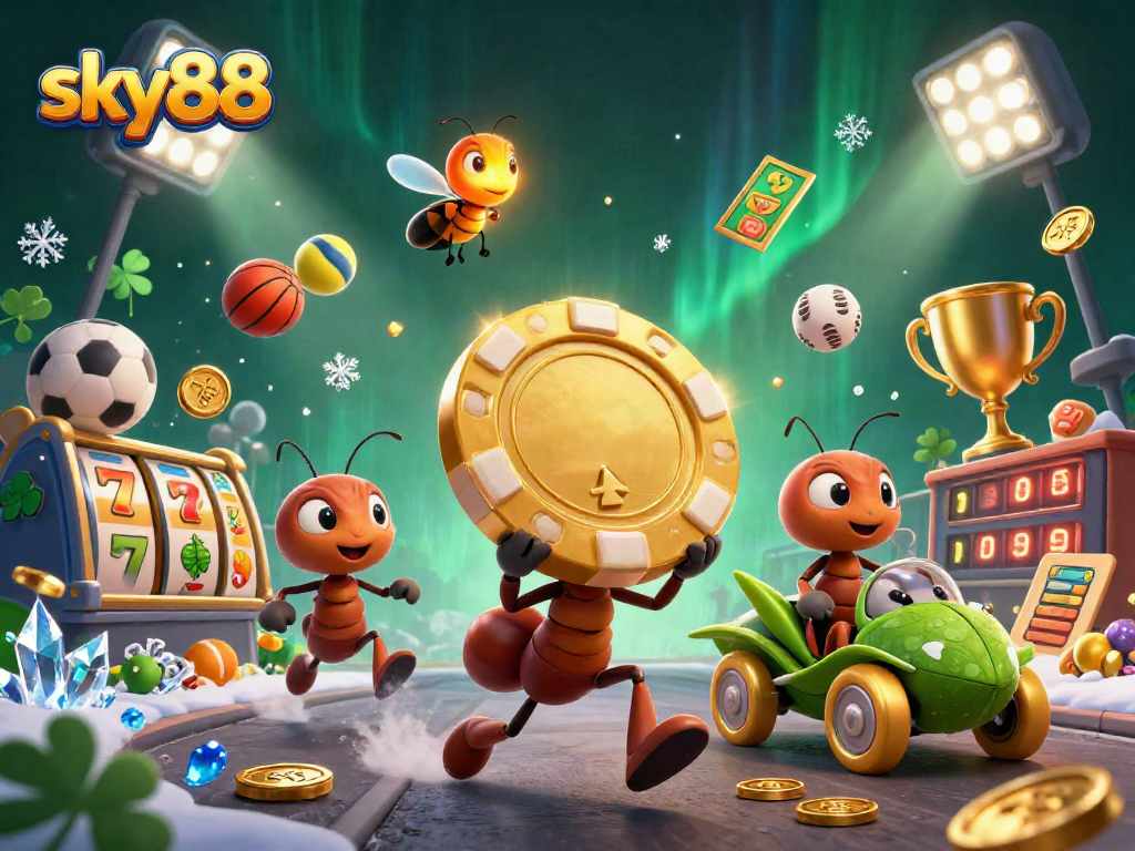 Engage with sky88's exciting slot games featuring a team of cartoon ants on a playful heist amidst vibrant casino elements.