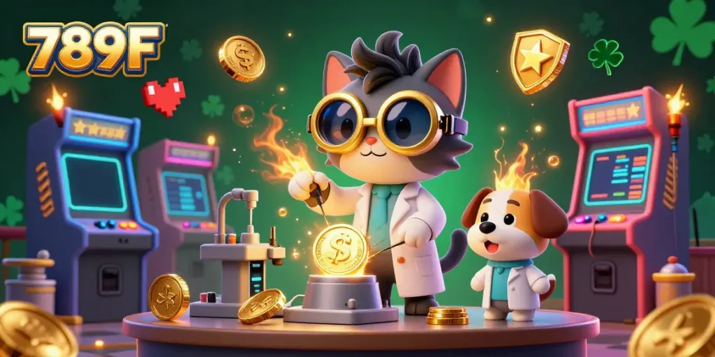 Join the fun at 789F's lively laboratory with a mad scientist cat and assistant creating golden coins.
