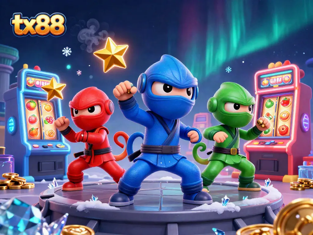 Experience the excitement of tx88 with vibrant ninja chameleons amidst thrilling slot machines.