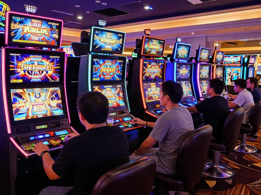 Exciting slot gacor hari ini gaming atmosphere in a lively casino with engaged players.