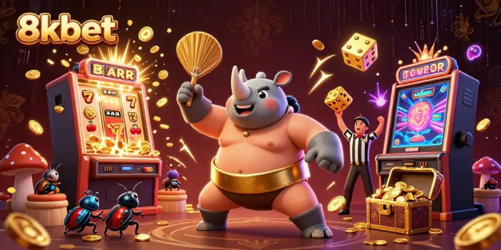 Experience the excitement of 8xbet with a vibrant 3D cartoon scene of a beetle champion celebrating with flying coins and a jackpot slot machine.