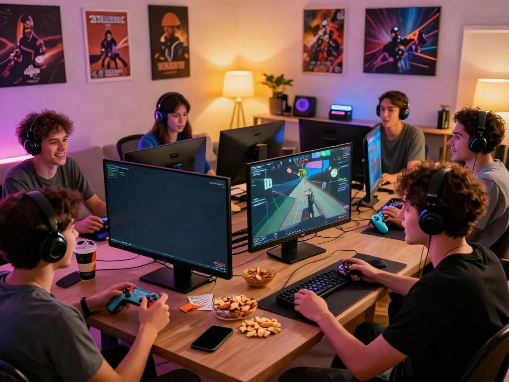 Engaged gamers enjoying multiplayer action on kilat404 platform in a lively setting.