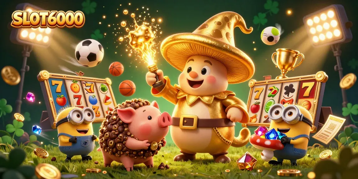 SLOT6000 spins into action with golden mushroom wizard and treasure-seeking truffle pig in an exciting casino scene.