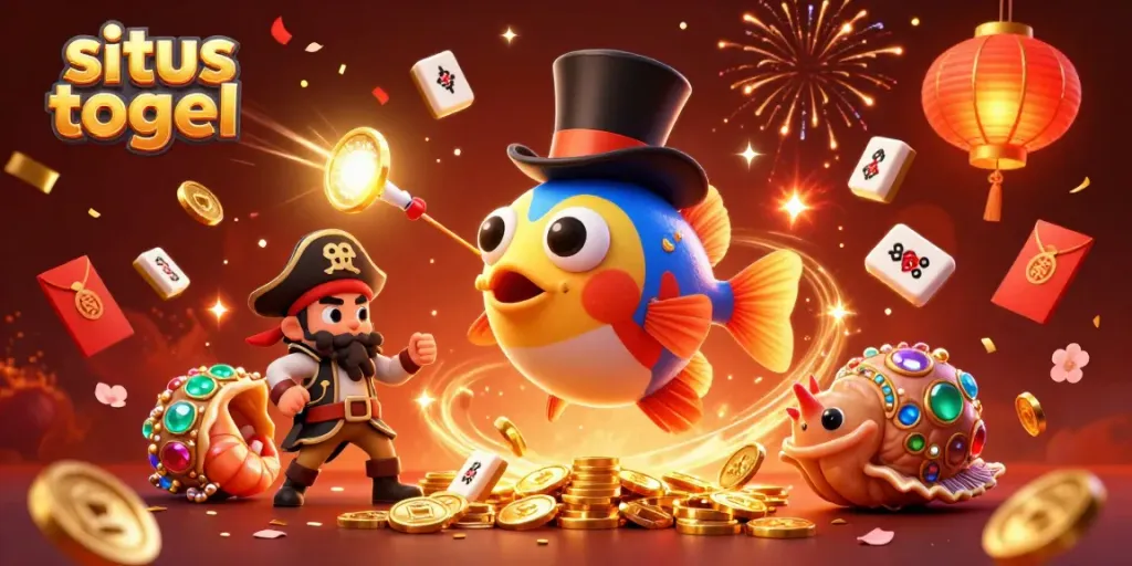 Engage in situs togel fun as a glowing anglerfish attracts golden coins amid festive decorations.
