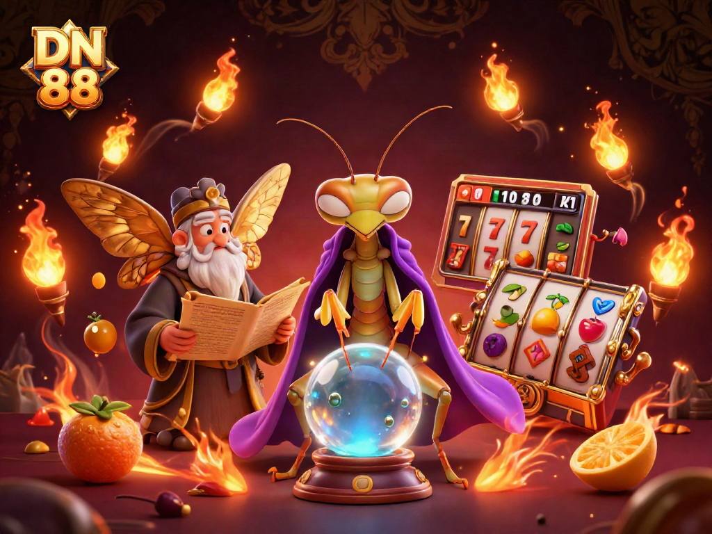 Engage with DN 88's dynamic gaming experience featuring a mystical fortune teller and vibrant slot machines.